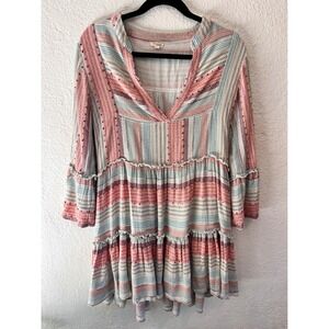En Creme Darlene Striped Tiered Babydoll Mini Dress Womens Med Boho Bell Sleeve